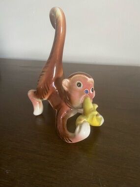 Vintage Ceramic Monkey Figurine Eating Banana